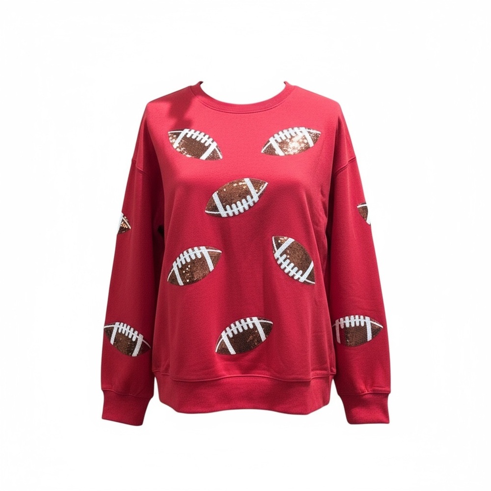 Red Football Sequin Crewneck Sweater
(Size Large 12/14)
